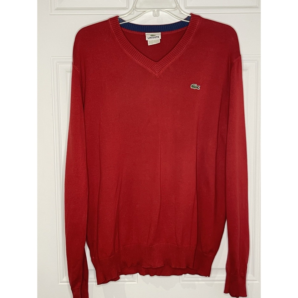 Lacoste Men's Organic Cotton V-Neck‎ Sweater Size 5 Medium Red Classic Preppy